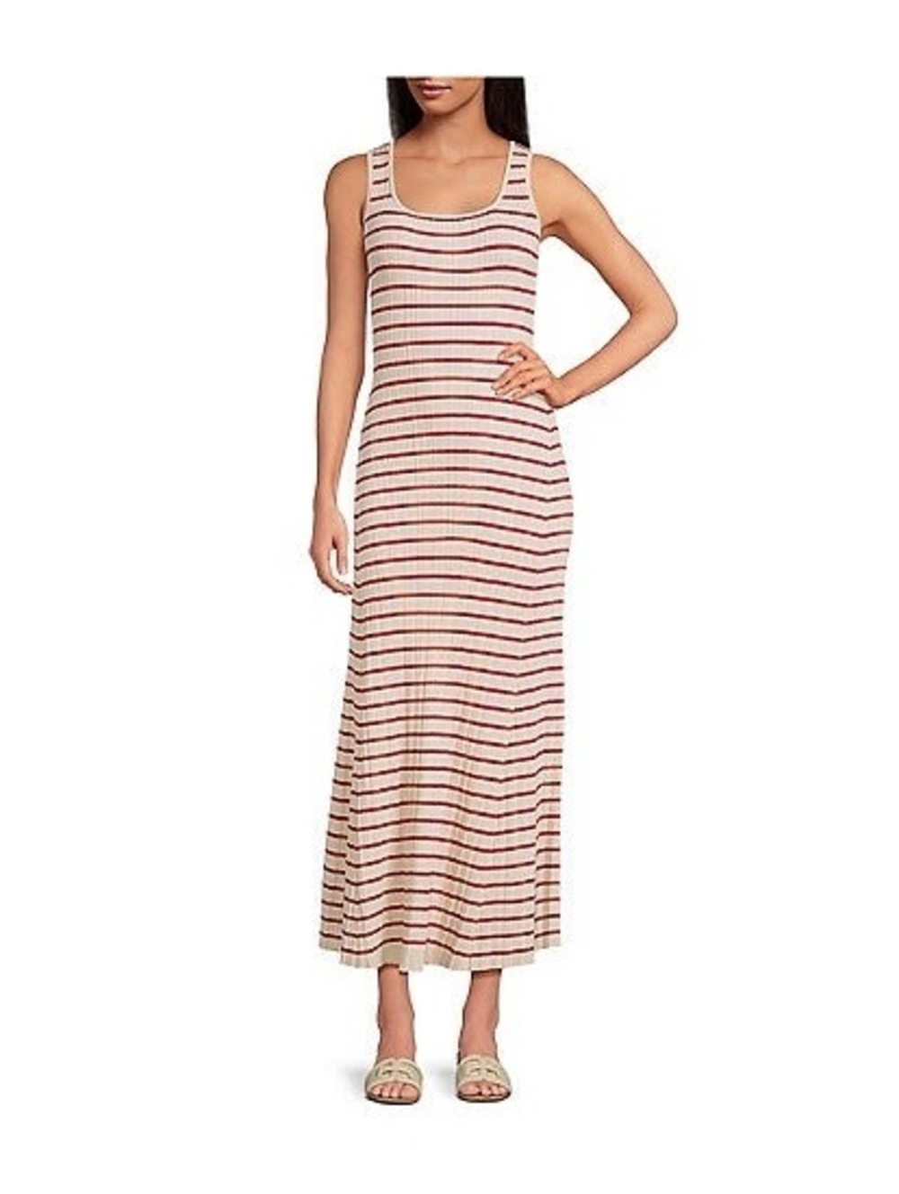 Skies are Blue Rib Knit Sleeveless Sheath Maxi Dress, Red/Cream, Size XS